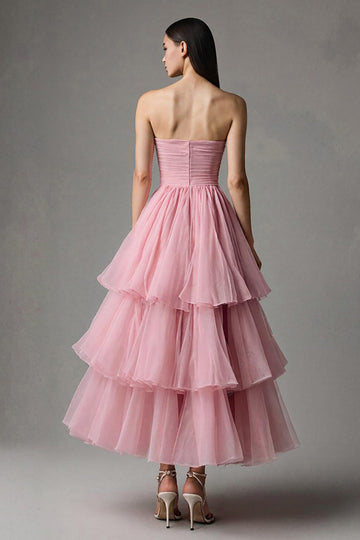 Rose A Line Sans Bretelles Maxi Robe Formelle à Volants